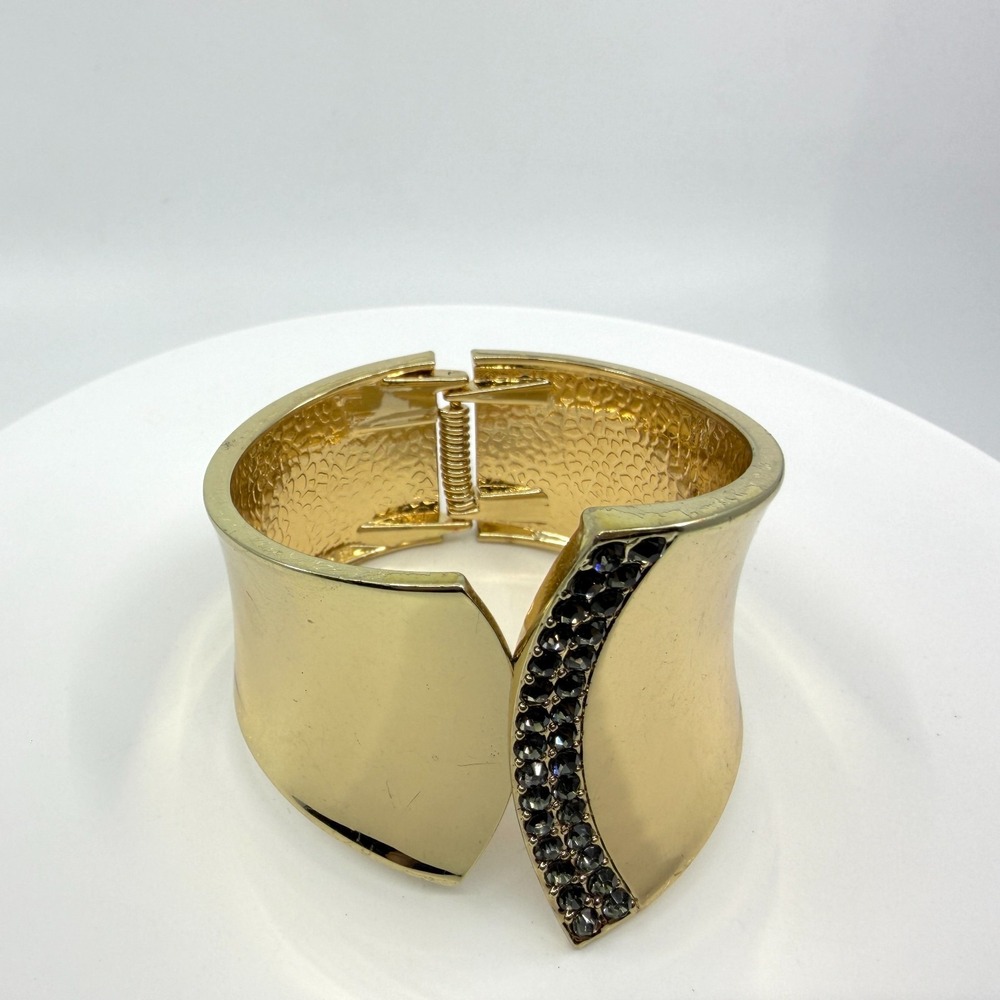Gold Tone Wide Cuff Bracelet with Sparkling Black Crystals Statement Accessory